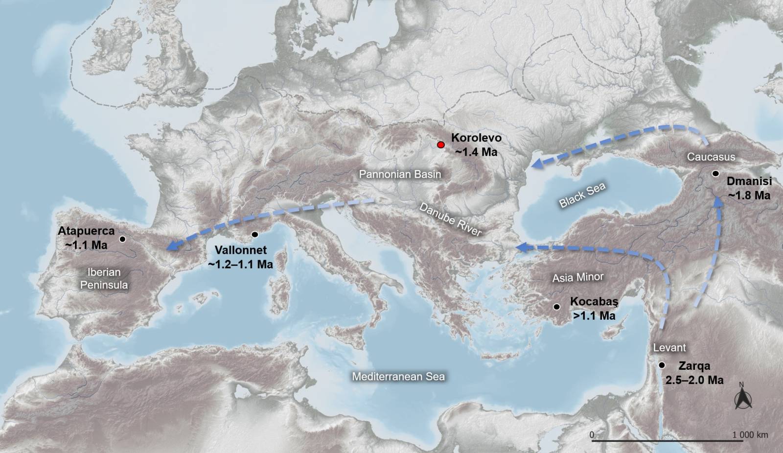 A map depicting the oldest human settlements and the direction of the dispersal routes of the first hominins into Europe from Africa via the Middle East (Zarqa) and the Caucasus (Dmanisi) by way of Ukraine (Korolevo, securely dated to 1.4 million years ago) and the Danube River migration corridor to the west of Europe, that is, Vallonnet in southern France (1.2–1.1 million years ago) and Atapuerca in Spain (1.2–1.1 million years ago).