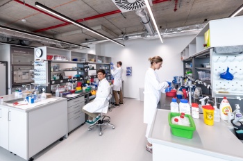 Centrum translačního výzkumu PharmTheon se nachází na pražské Harfě. Disponuje širokým odborným zázemím v medicinální chemii, molekulární a buněčné biologii, což vytváří ideální podmínky pro inovativní komerční výzkum v oblasti vývoje léčiv. Na snímku zleva biologové Michal Buša, Michal Svoboda a Valeriia Kopytko.