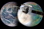 Umělecká představa sondy EnVision nad Zemí a Venuší  