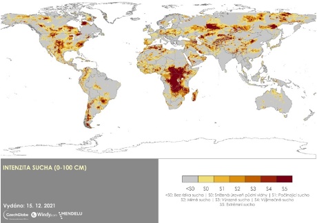 Globální mapa aktuálně zachycující intenzitu sucha, tj. anomálii zásoby vody v půdě ve stupních sucha na celém světě.