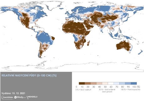 Aktuální stav půdní vlhkosti globálně vyjádřený jako procento nasycení povrchové vrstvy půdy (do 100 cm hloubky).