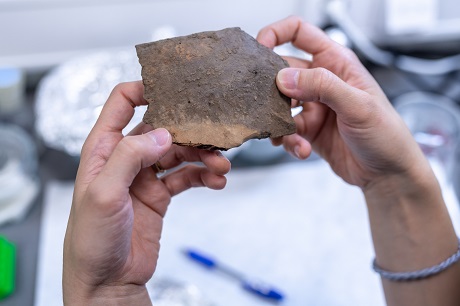 A potsherd, or fragment, of an ancient ceramic vessel.