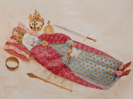 Charles IV in funeral attire on a bier (a reconstruction).