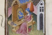 Tamar jako malířka. Iluminace z rukopisu Giovanni Boccacia, Des cleres et nobles femmes , 1402–1403, Bibliothèque nationale de France, sign. Français 598.