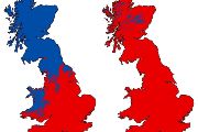 Mapa současného (vlevo) a předpokládaného (vpravo) rozšíření obou variant hemoglobinu v britských populacích norníka rudého. Předpovědní modely (vpravo) ukazují, že v budoucnu v Británii převládnou klimatické podmínky upřednostňující „teplomilný“, jižní hemoglobin (červeně) před „chladnomilným“, severním (modře), který se za současných klimatických podmínek vyskytuje pouze v jižní části Británie.