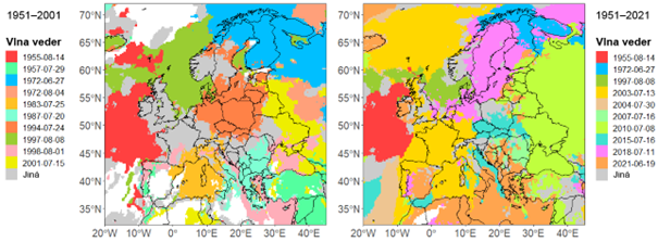 Rekordní vlny veder v období 1950–2001 (vlevo) a 1950–2021 (vpravo). Barevně je znázorněno deset nejrozsáhlejších vln veder v daném období.