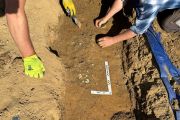 Archeologové z ARÚ AV ČR, Praha, opatrně začišťují zbytek nádoby, ve které byl depot stříbrných mincí z přelomu 11. a 12. století původně uložen.