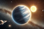 Ilustrace systému TOI-2458 v představě umělé inteligence. Obrázek vytvořen pomocí DALL·E, OpenAI.