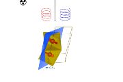 Struktura MnTe s vyznačenými magnetickými momenty manganových atomů (červeně). Cirkulární dichroismus je rozdílná absorpce levotočivě a pravotočivě polarizovaného záření (šroubovice se znázorněným směrem šíření).