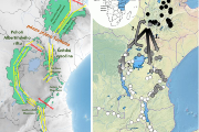 Vlevo: Zeleně jsou označeny hlavní horské oblasti, které tvoří tzv. Východoafrický horský biodiverzitní hot-spot. Jeho nejvýznamnější části jsou Etiopská vysočina, pohoří Albertinského riftu a Keňská vysočina. Žluté čáry zobrazují jednotlivé úseky Východoafrického riftu.  Vpravo: Schéma šíření horských bělozubek. Jejich kolébkou je Etiopská vysočina (černé body), odkud osídlily hory v Keni a v Albertinském riftu (č. 1, šedé body; jeden druh se pak vrátil přes pánev jezera Turkana zpět do Etiopie – č. 2). Poslední fází jejich evoluce byl sestup jedné genetické linie z hor do níže položených suchých lesů a savan. Tato adaptace vedla k širokému rozšíření druhu v jižní části areálu (č. 3, bílé body). 