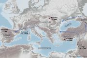 Mapa, kudy mohli přijít první lidé do Evropy s významnými radiometricky datovanými lokalitami ve Španělsku, Francii, Turecku, Gruzii a na Blízkém východě.