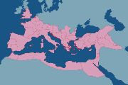 Mapa největšího rozsahu Římské říše za doby vlády císaře Traiana. 
